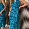 LORIANE Going Out Dresses | Occasion Dresses^Rosalie Teal Printed Halterneck Tie Detail Midi Dress