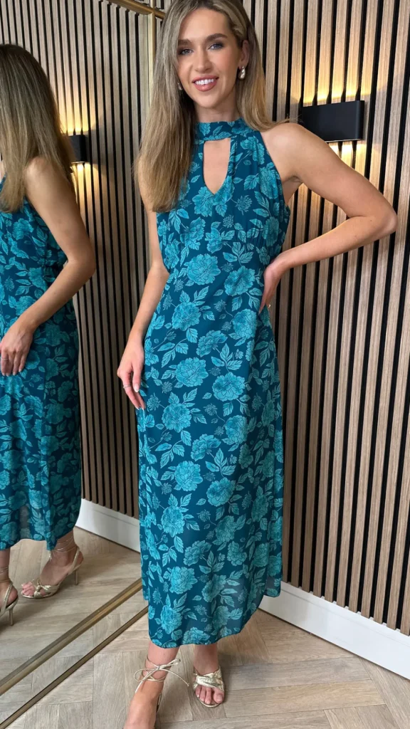 LORIANE Going Out Dresses | Occasion Dresses^Rosalie Teal Printed Halterneck Tie Detail Midi Dress
