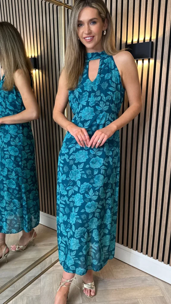LORIANE Going Out Dresses | Occasion Dresses^Rosalie Teal Printed Halterneck Tie Detail Midi Dress