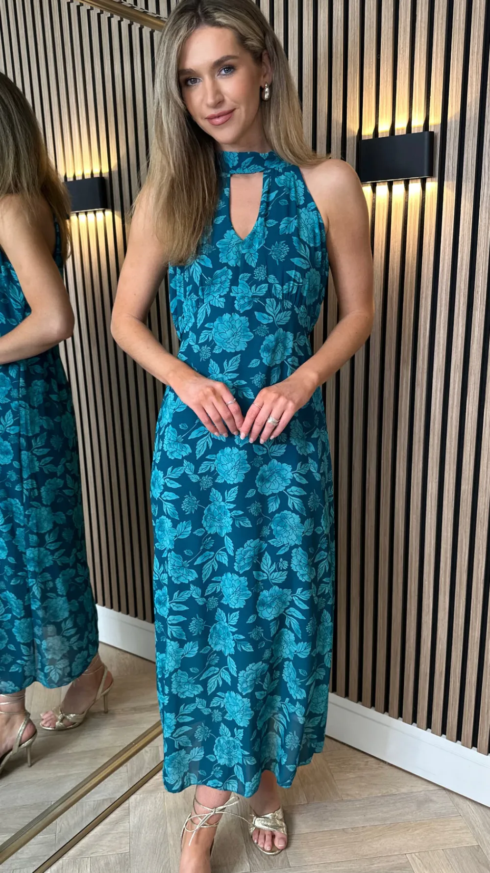 rosalie_teal_printed_halt_2.webp LORIANE Going Out Dresses | Occasion Dresses^Rosalie Teal Printed Halterneck Tie Detail Midi Dress