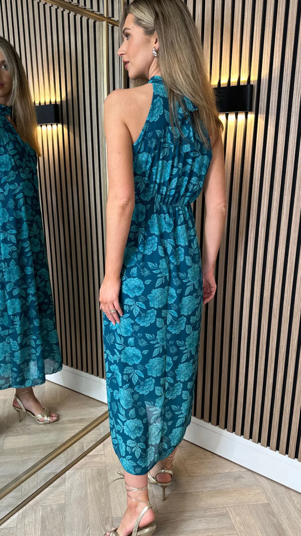 rosalie_teal_printed_halt_3.webp LORIANE Going Out Dresses | Occasion Dresses^Rosalie Teal Printed Halterneck Tie Detail Midi Dress