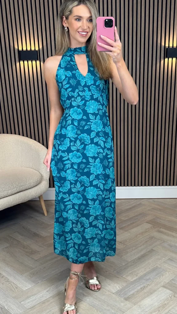 LORIANE Going Out Dresses | Occasion Dresses^Rosalie Teal Printed Halterneck Tie Detail Midi Dress
