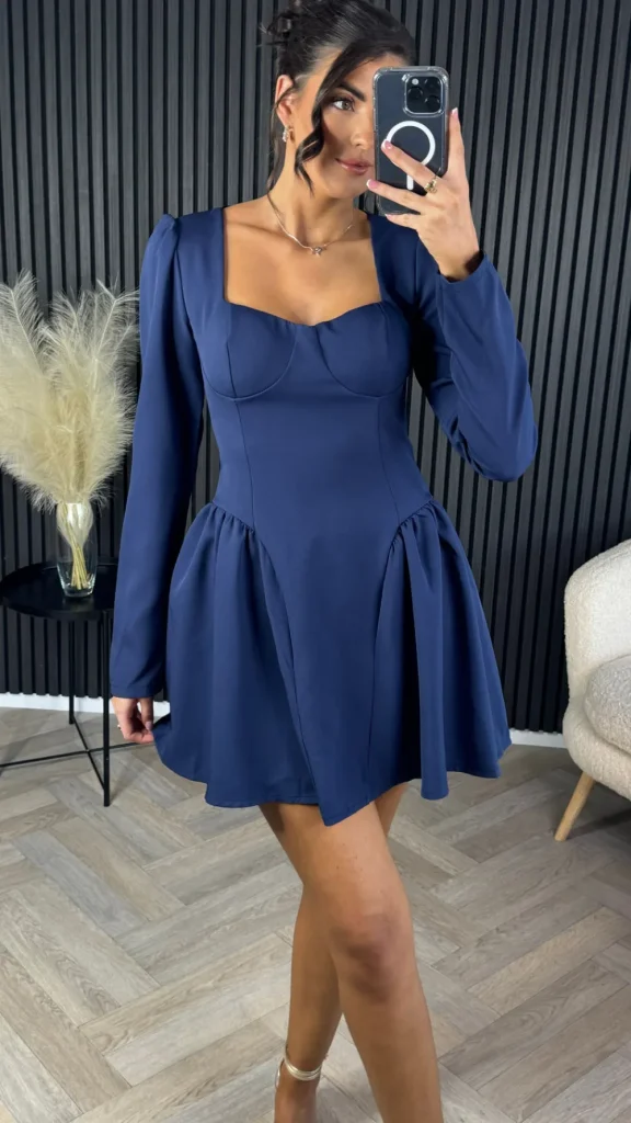 BABEZ LONDON Day Dresses | Going Out Dresses^Ruby Navy Square Neckline Full Skirt Detail Mini Dress