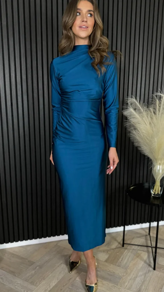 COPPEROSE Fitted Dresses | Going Out Dresses^Russell Blue High Neck Ruched Midi Dress