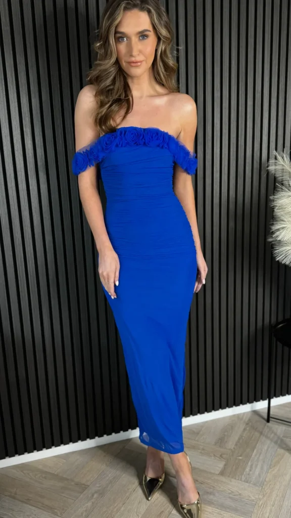 FP & CO Going Out Dresses | Occasion Dresses^Sabina Blue Off Shoulder Detail Ruched Midi Dress