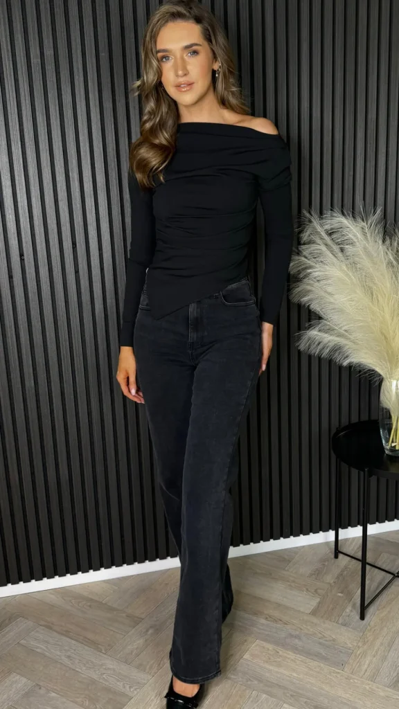 GIRL IN MIND Tops^Safiya Black Asymmetric Neckline Long Sleeve Top