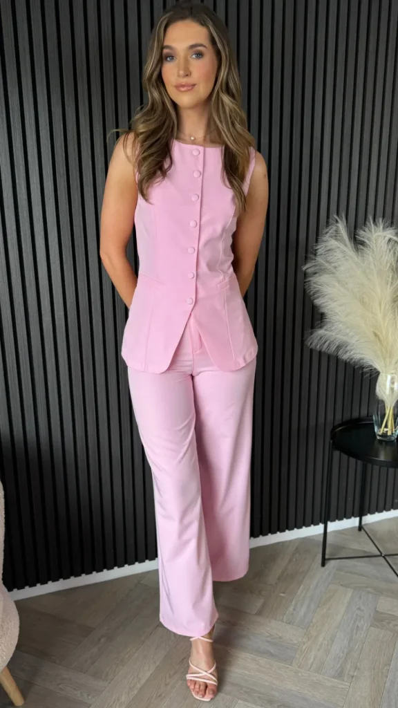 COPPEROSE Co-ords^Samantha Baby Pink Trousers & Longline Waistcoat Co Ord