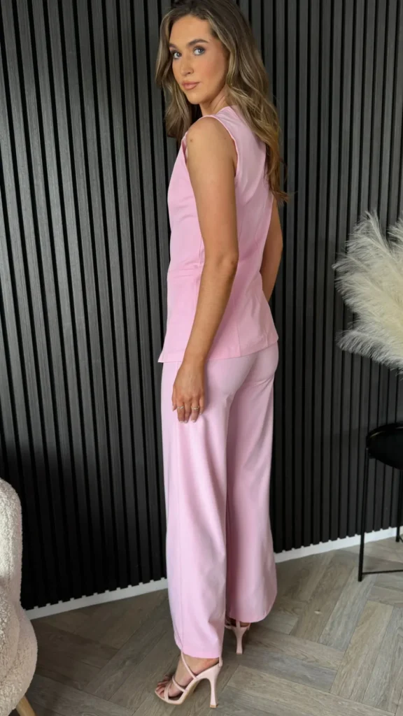 COPPEROSE Co-ords^Samantha Baby Pink Trousers & Longline Waistcoat Co Ord