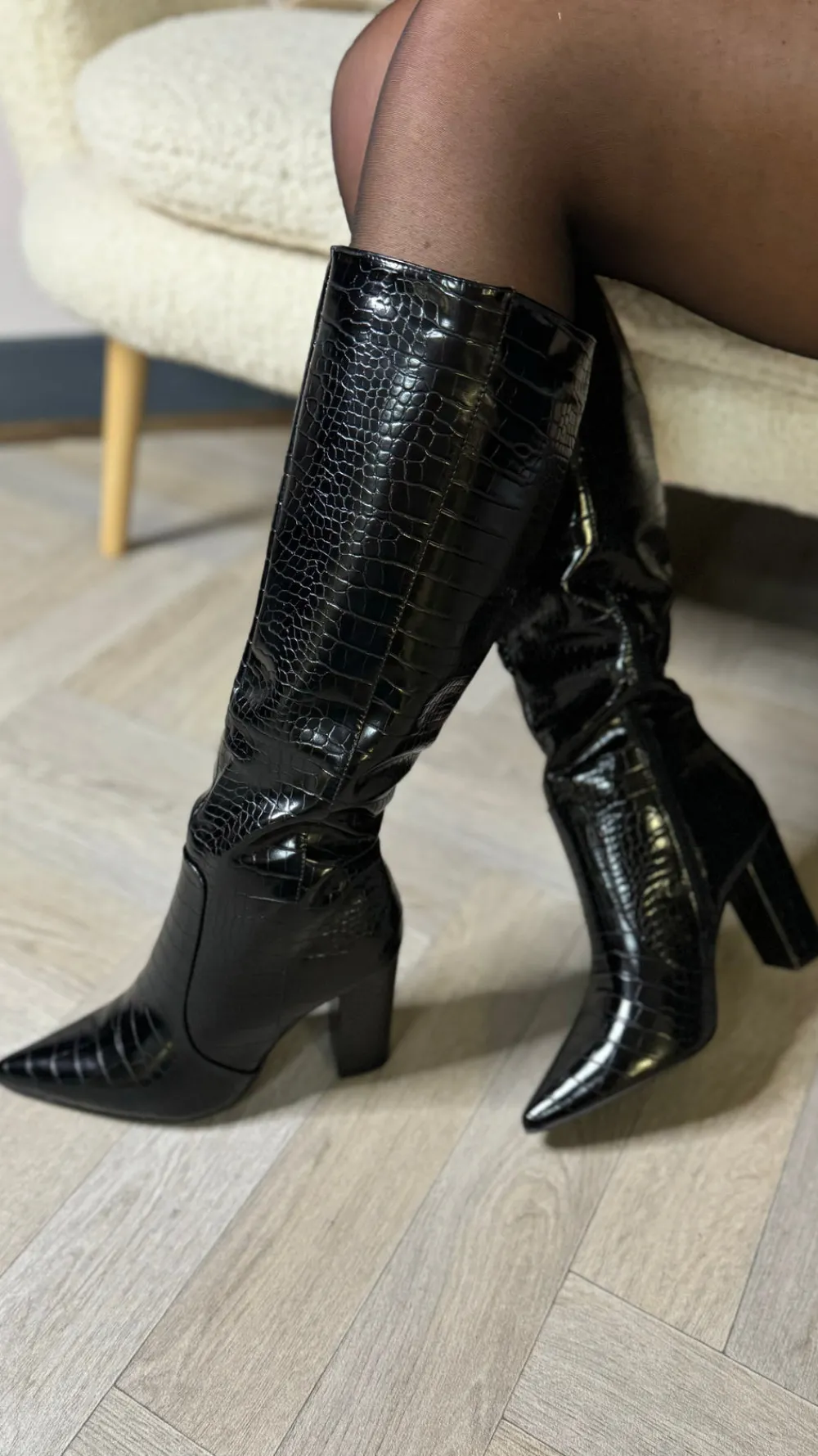 sammie_black_crocodile_ef_1.webp JM DIAMANT Heels | Boots^Sammie Black Crocodile Effect Block Heel Long Boots