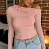 COPPEROSE Tops^Sandra Pink Ribbed Off Shoulder Detail Top