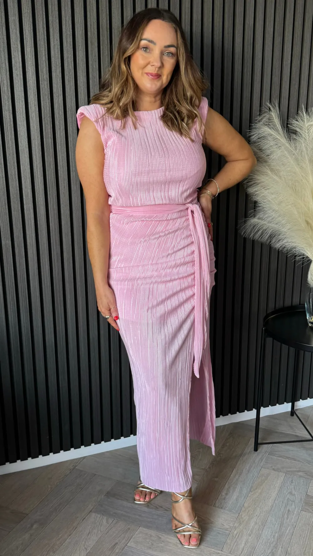 sarah_baby_pink_ruched_hi_7.webp GIRL IN MIND Going Out Dresses | Occasion Dresses^Sarah Baby Pink Ruched High Neck Midi Dress