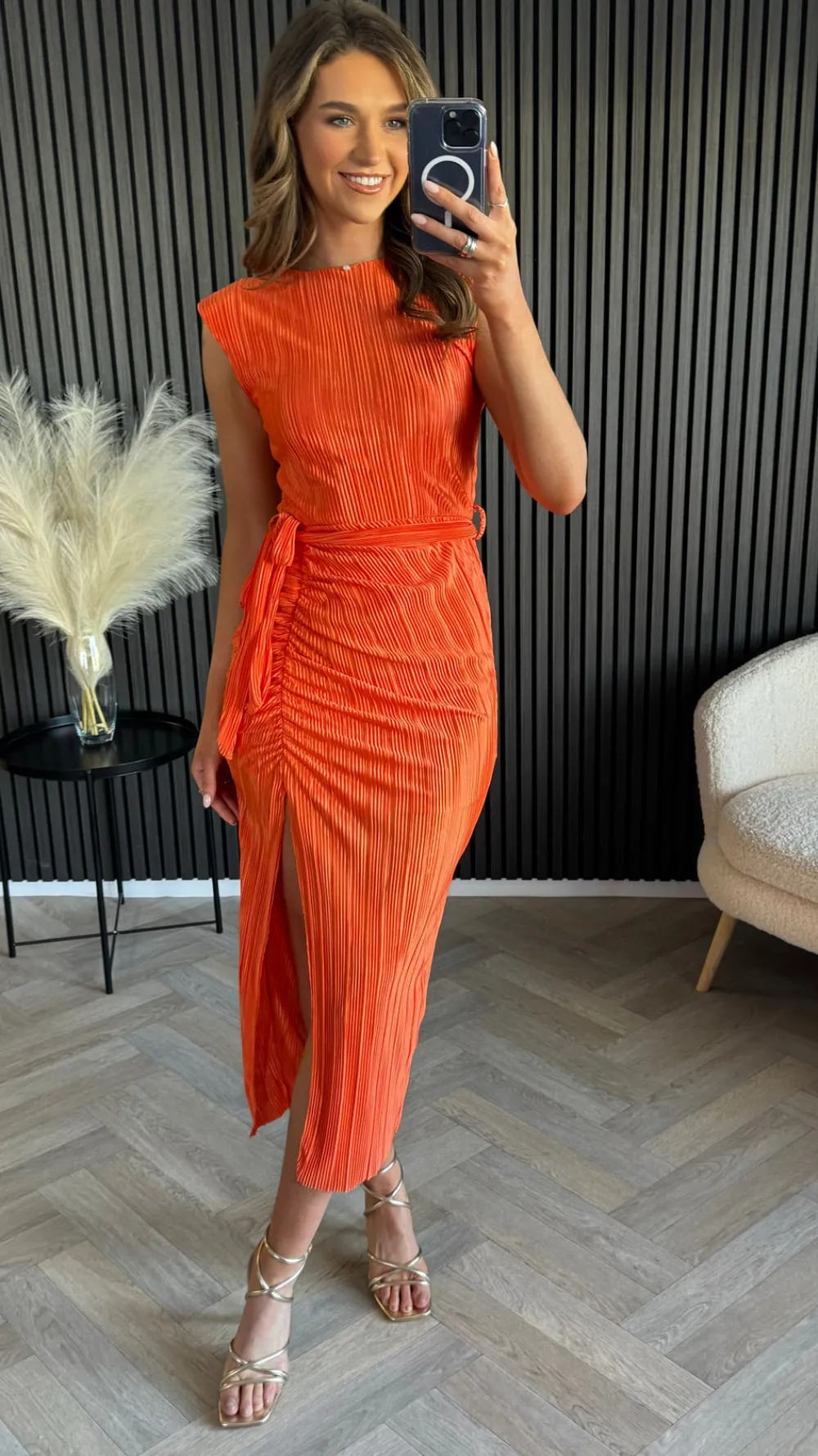 sarah_orange_ruched_high__8.webp GIRL IN MIND Going Out Dresses | Occasion Dresses^Sarah Orange Ruched High Neck Midi Dress