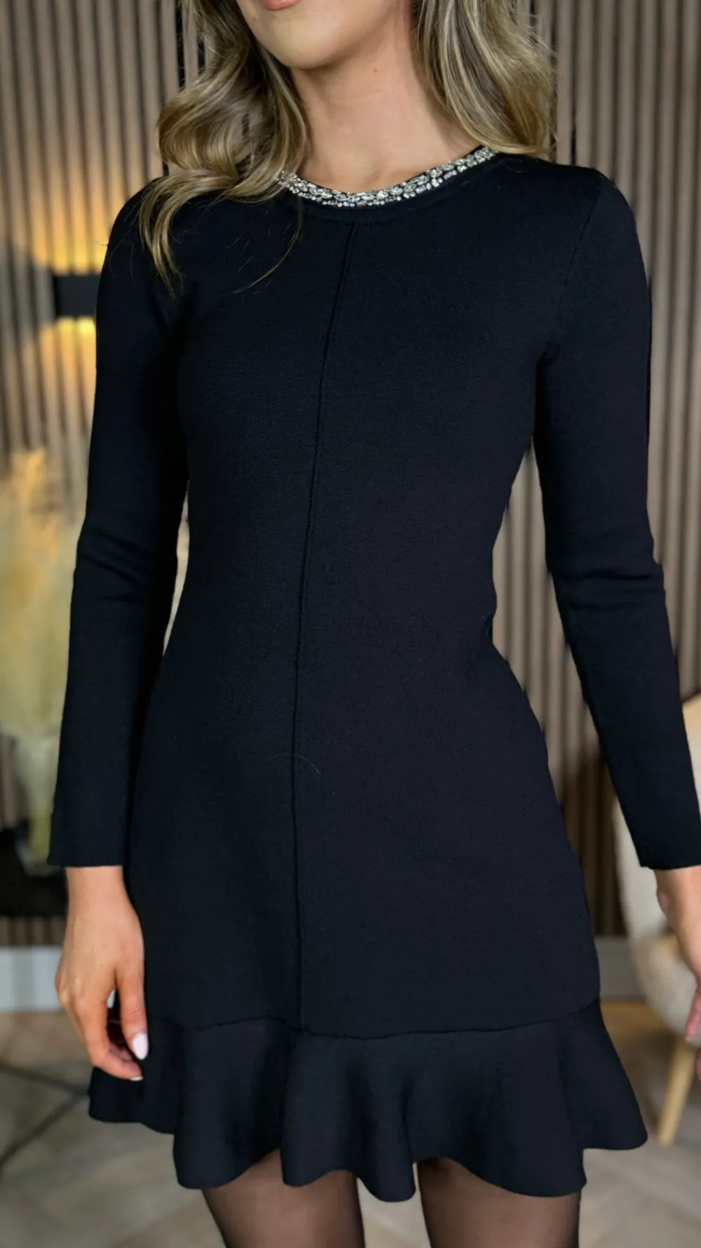 savannah_black_embellishe_2.webp ALLYSON Knitwear | Day Dresses^Savannah Black Embellished Neck Frill Hem Knit Mini Dress