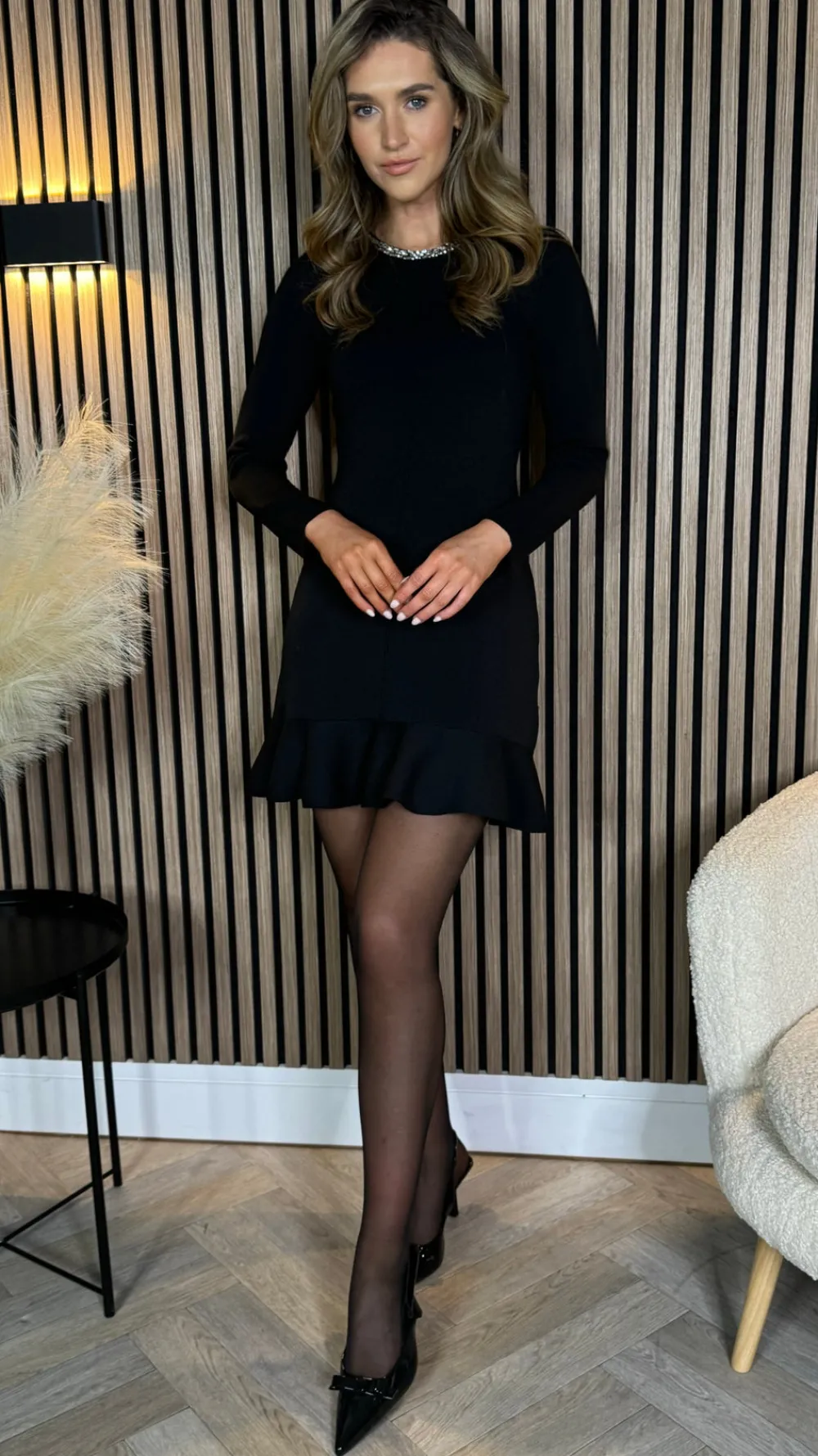 savannah_black_embellishe_4.webp ALLYSON Knitwear | Day Dresses^Savannah Black Embellished Neck Frill Hem Knit Mini Dress