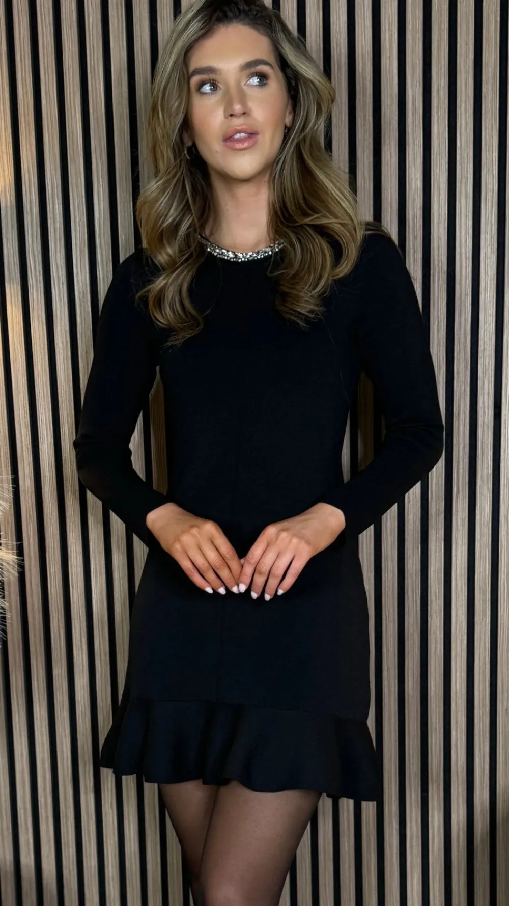 savannah_black_embellishe_5.webp ALLYSON Knitwear | Day Dresses^Savannah Black Embellished Neck Frill Hem Knit Mini Dress