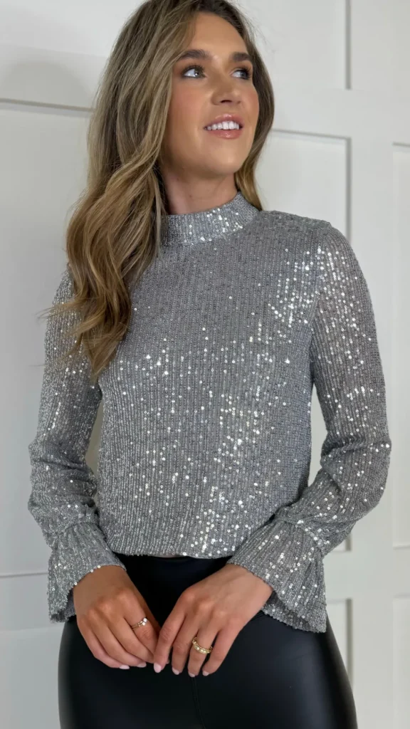 LUCCE Tops^Selina Silver Sequin High Neck Top