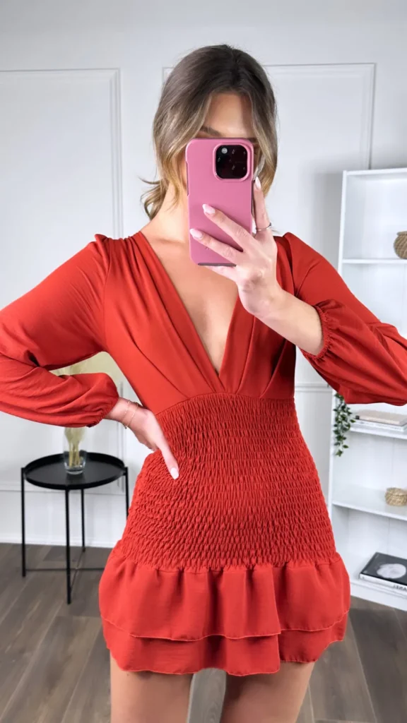 LORIANE Going Out Dresses | Occasion Dresses^Seline Rust V Neckline Fitted Frill Detail Mini Dress