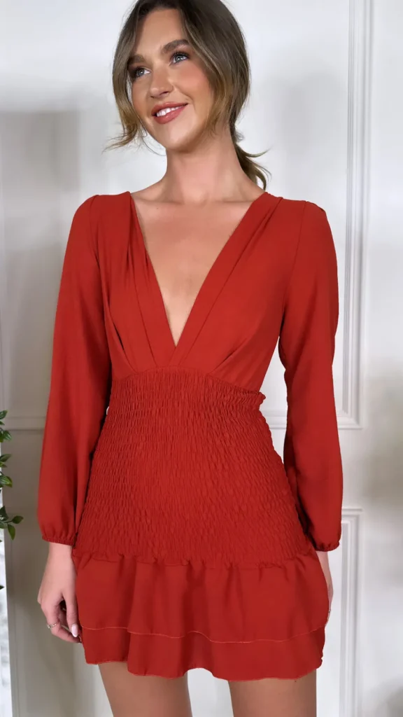 LORIANE Going Out Dresses | Occasion Dresses^Seline Rust V Neckline Fitted Frill Detail Mini Dress