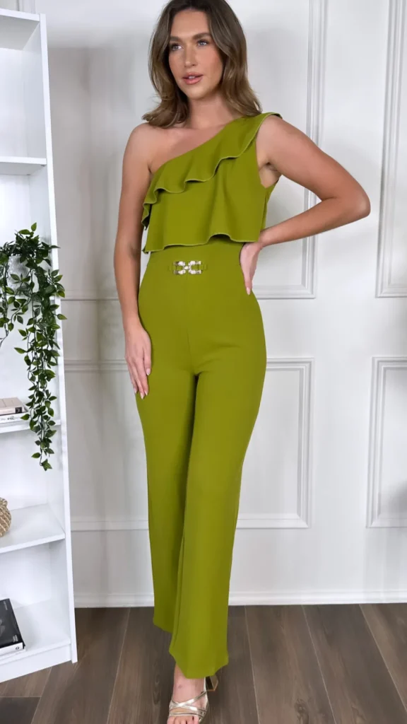 KICHIC Jumpsuits + Playsuits^Sephora Green One Shoulder Ruffle Detail Jumpsuit