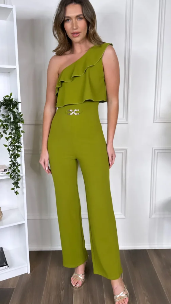 KICHIC Jumpsuits + Playsuits^Sephora Green One Shoulder Ruffle Detail Jumpsuit