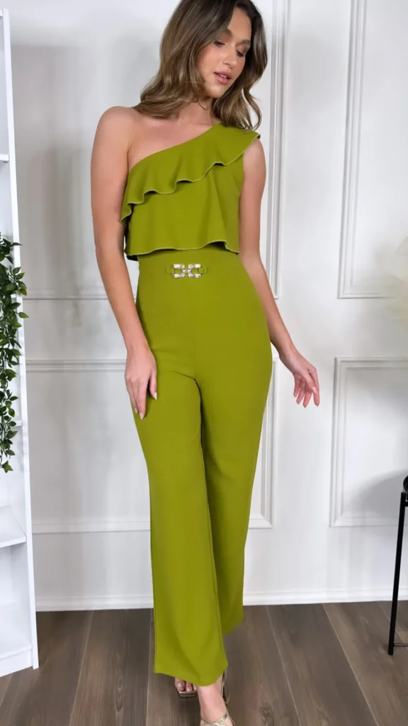 KICHIC Jumpsuits + Playsuits^Sephora Green One Shoulder Ruffle Detail Jumpsuit