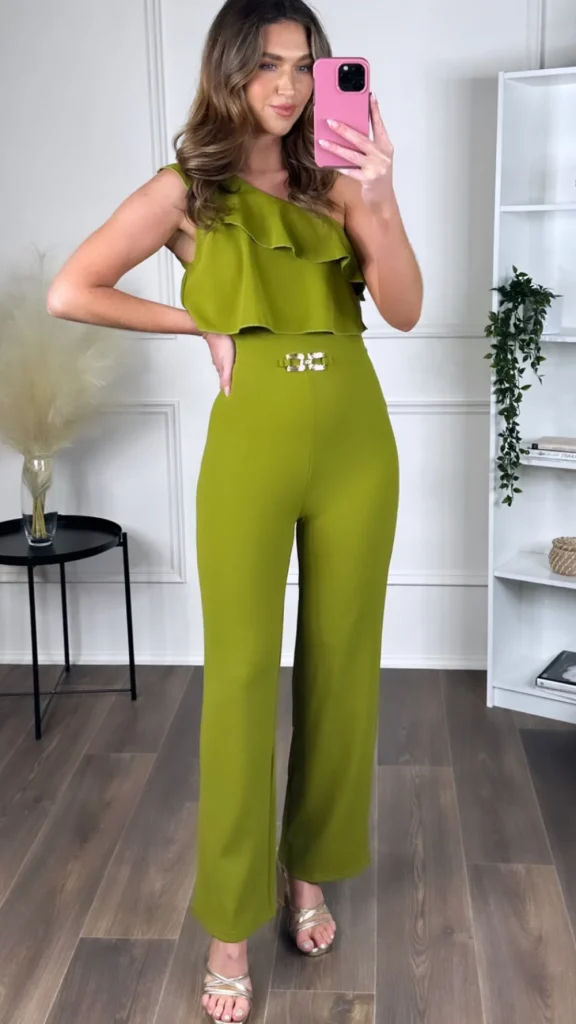 KICHIC Jumpsuits + Playsuits^Sephora Green One Shoulder Ruffle Detail Jumpsuit