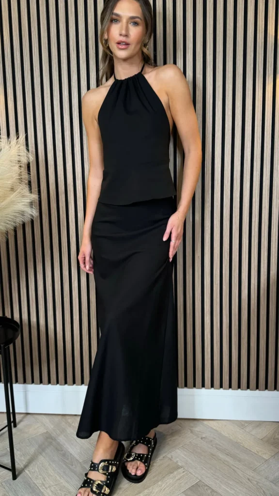 COPPEROSE Co-ords^Seraphina Black Midi Skirt & Halterneck Top Co Ord