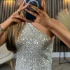 LUCCE Tops^Serena Gold Sequin One Shoulder Top