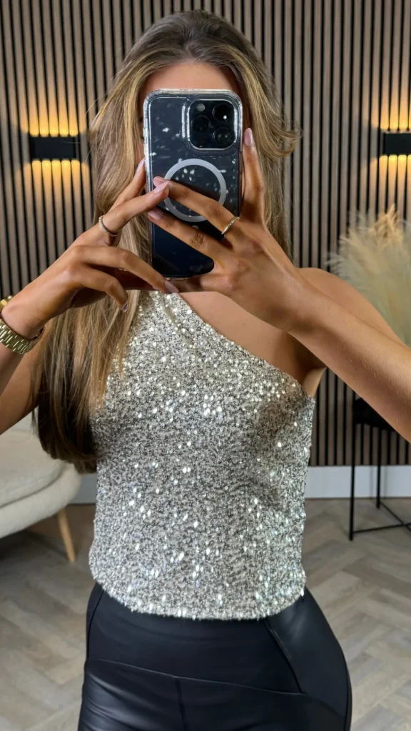 LUCCE Tops^Serena Gold Sequin One Shoulder Top