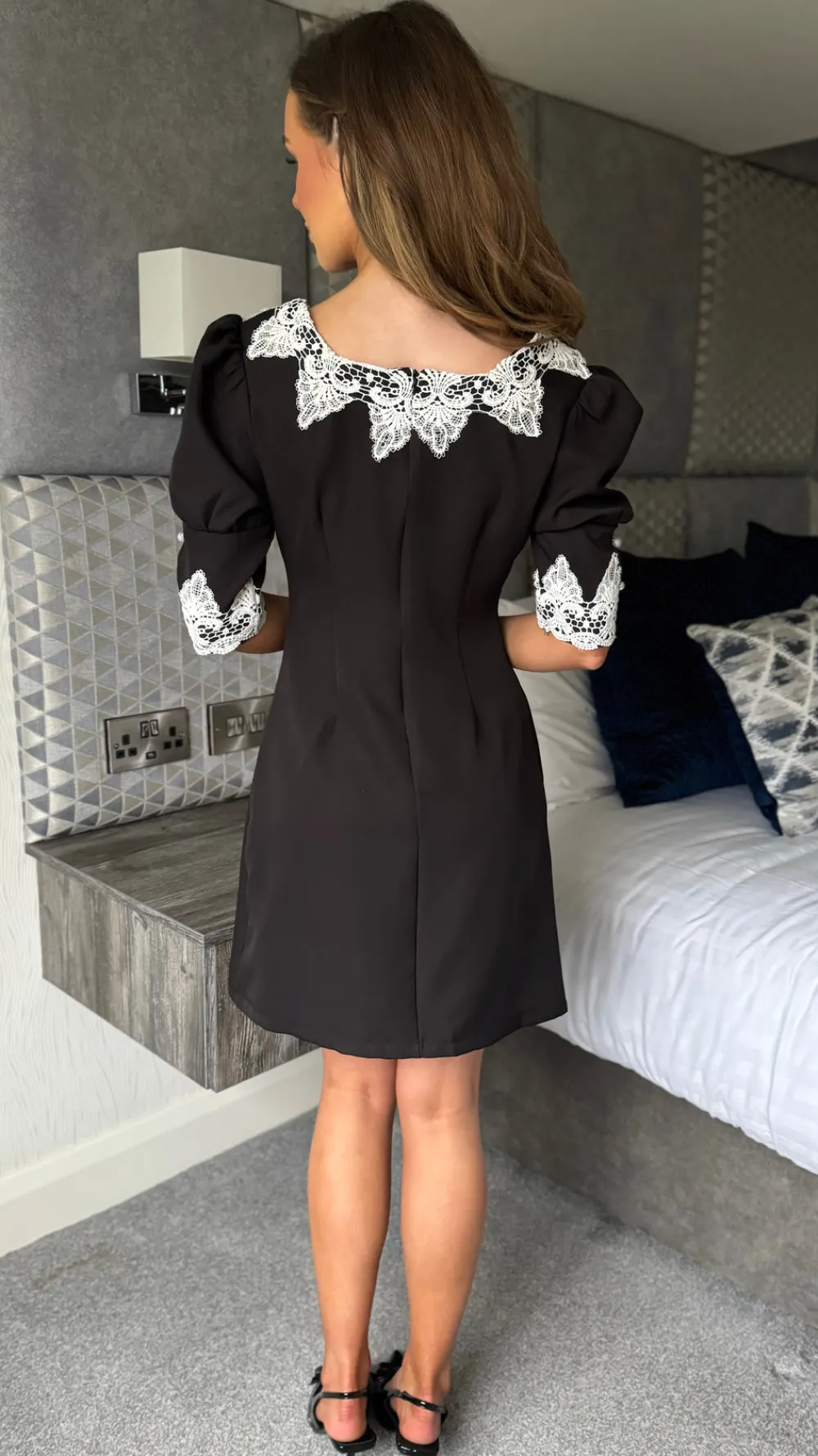 shakira_black_lace_trimme_9.webp TIMELY Fitted Dresses | Day Dresses^Shakira Black Lace Trimmed Mini Dress