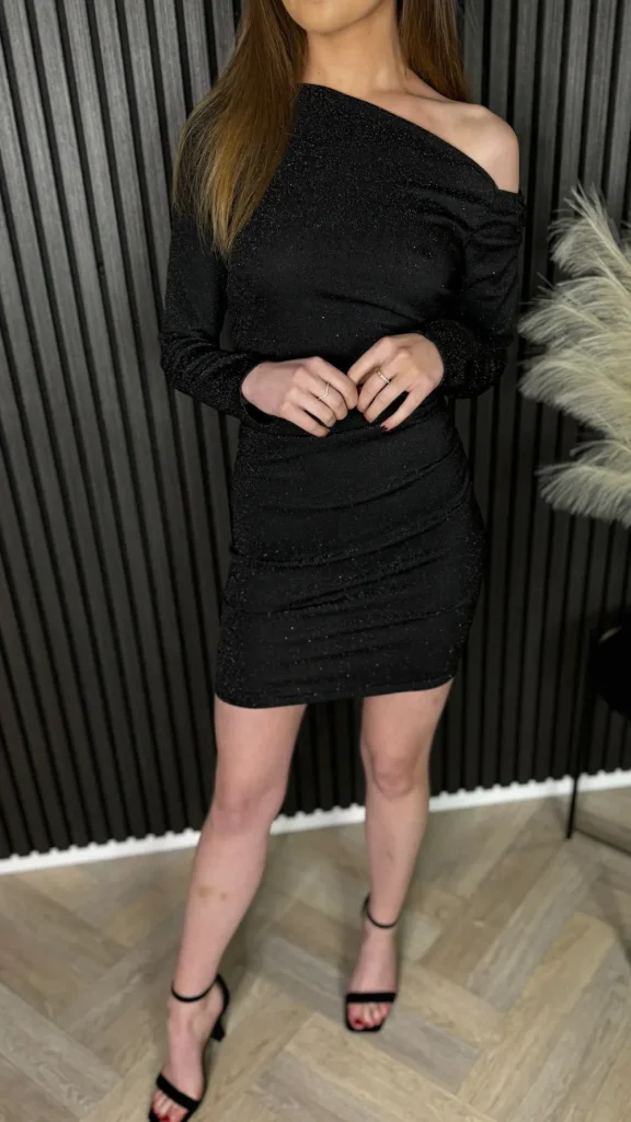 BABEZ LONDON Going Out Dresses | Mini Dresses^Shannon Black Sparkle Lurex Oblique Neck Mini Dress