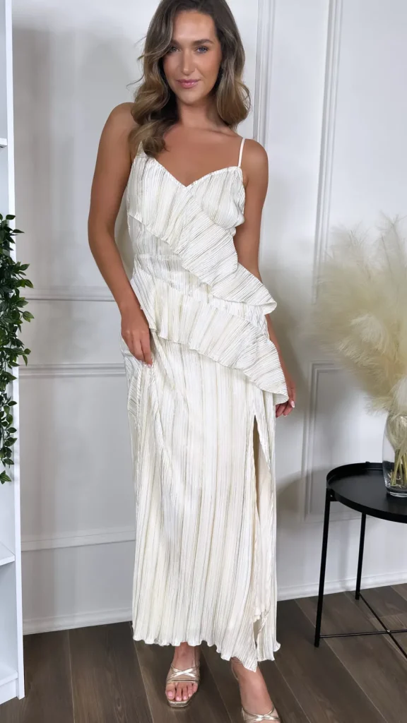GIRL IN MIND Going Out Dresses | Occasion Dresses^Shelby Cream & Gold Strappy Frill Detail Maxi dress