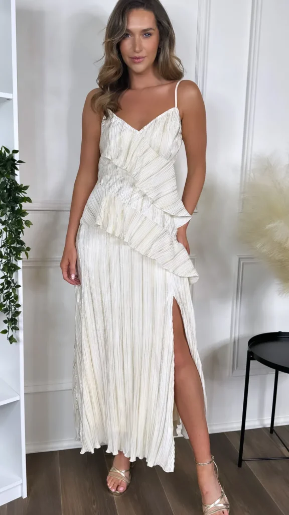 GIRL IN MIND Going Out Dresses | Occasion Dresses^Shelby Cream & Gold Strappy Frill Detail Maxi dress