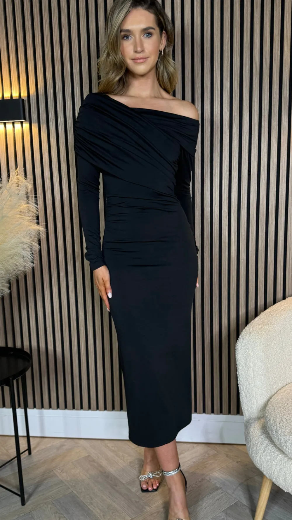 sheridan_black_off_should_3.webp COPPEROSE Going Out Dresses | Occasion Dresses^Sheridan Black Off Shoulder Wrap Effect Midi Dress