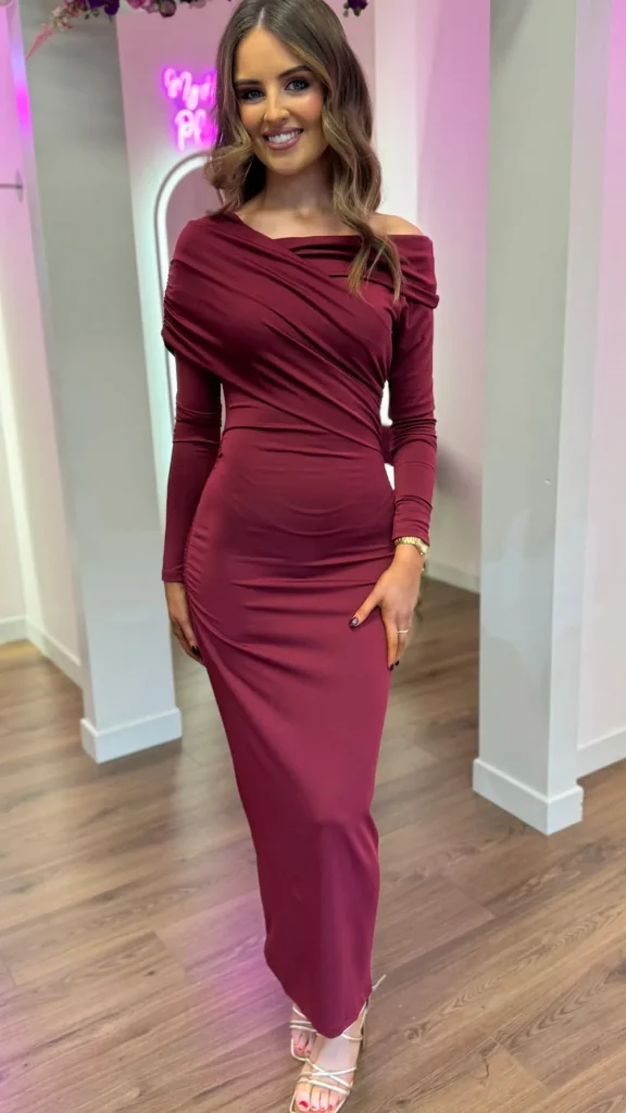COPPEROSE Occasion Dresses | Midi Dresses^Sheridan Burgundy Off Shoulder Wrap Effect Midi Dress