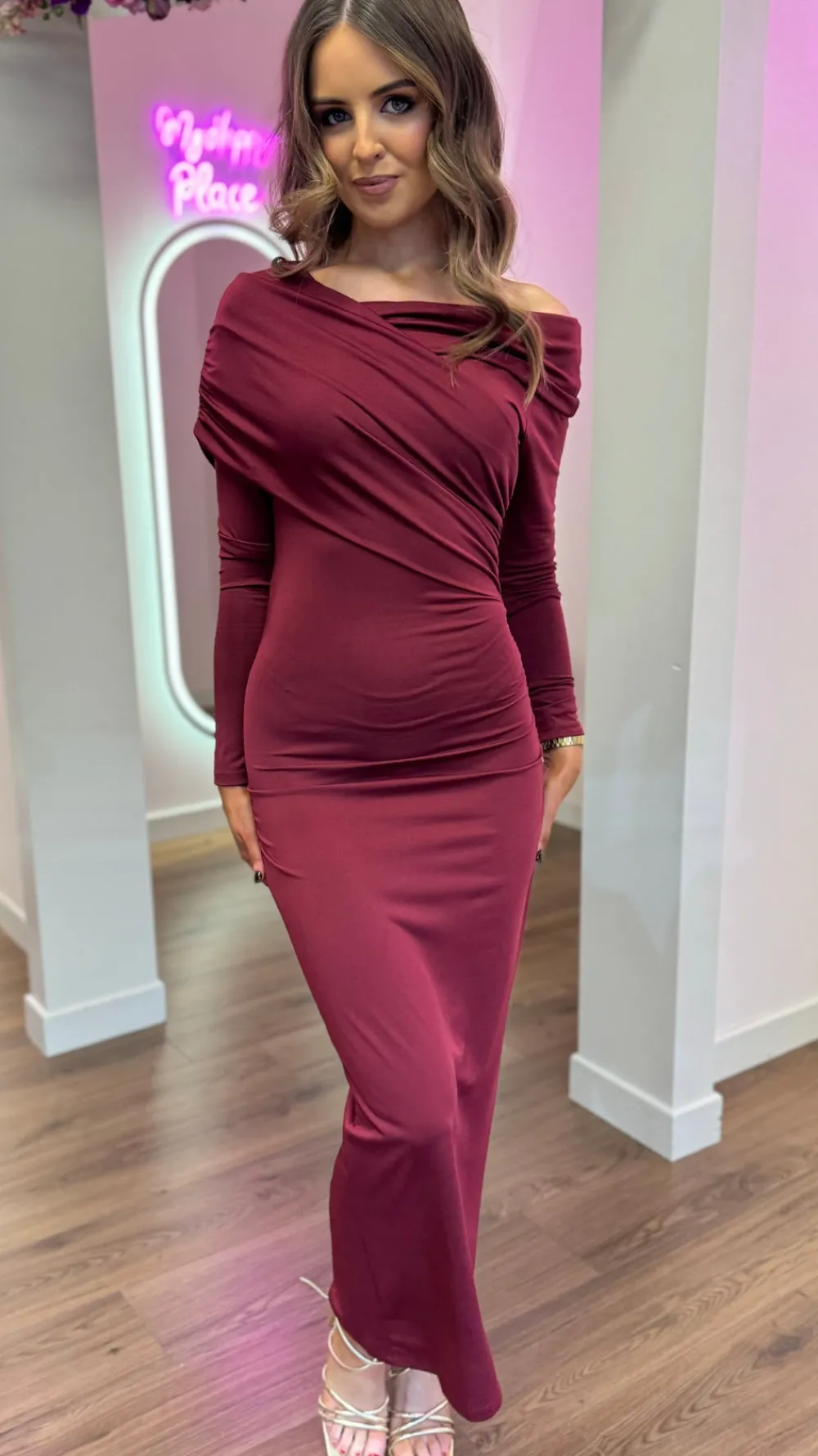 sheridan_burgundy_off_sho_2.webp COPPEROSE Occasion Dresses | Midi Dresses^Sheridan Burgundy Off Shoulder Wrap Effect Midi Dress