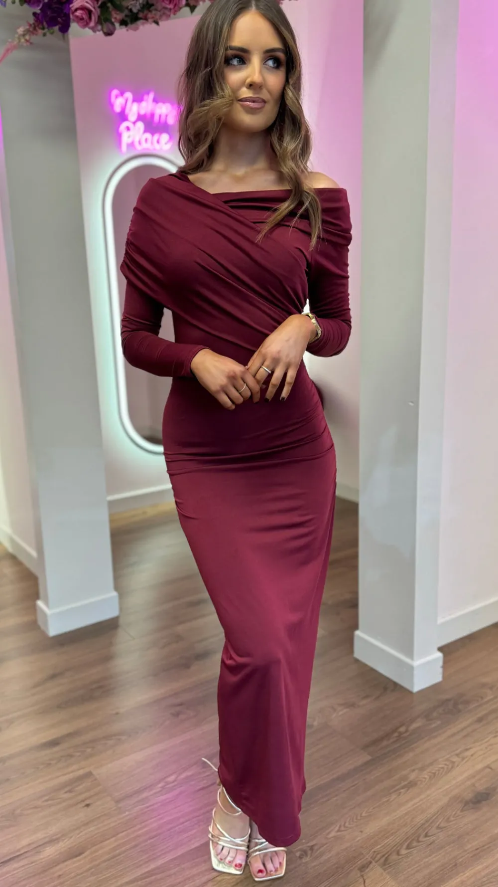 sheridan_burgundy_off_sho_3.webp COPPEROSE Occasion Dresses | Midi Dresses^Sheridan Burgundy Off Shoulder Wrap Effect Midi Dress