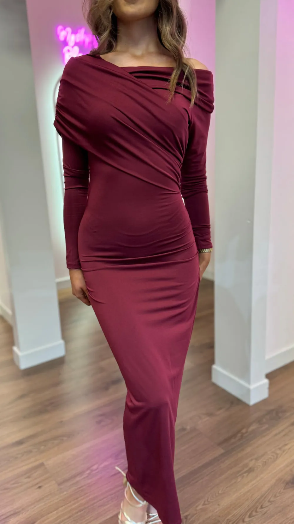 sheridan_burgundy_off_sho_4.webp COPPEROSE Occasion Dresses | Midi Dresses^Sheridan Burgundy Off Shoulder Wrap Effect Midi Dress