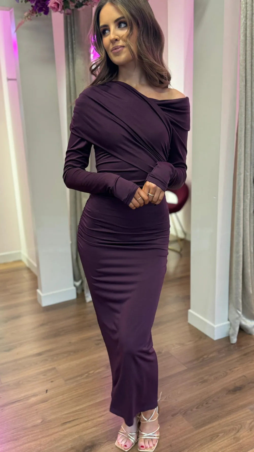 sheridan_purple_off_shoul_3.webp COPPEROSE Going Out Dresses | Occasion Dresses^Sheridan Purple Off Shoulder Wrap Effect Midi Dress