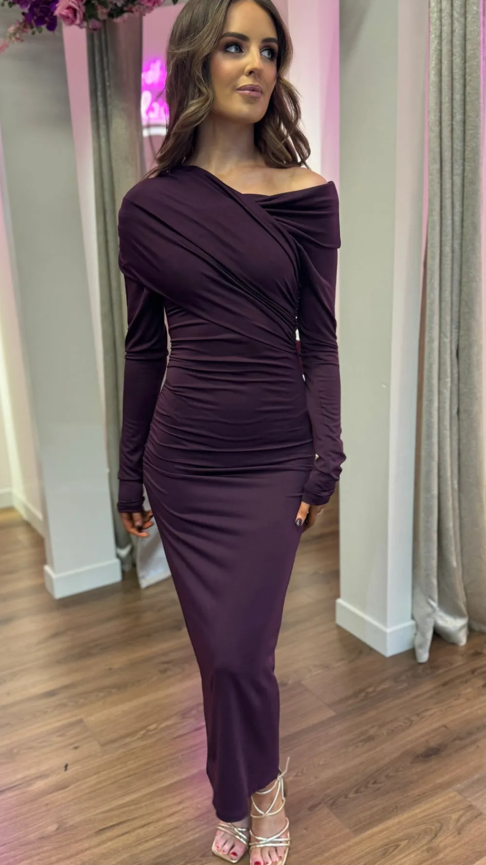 sheridan_purple_off_shoul_4.webp COPPEROSE Going Out Dresses | Occasion Dresses^Sheridan Purple Off Shoulder Wrap Effect Midi Dress