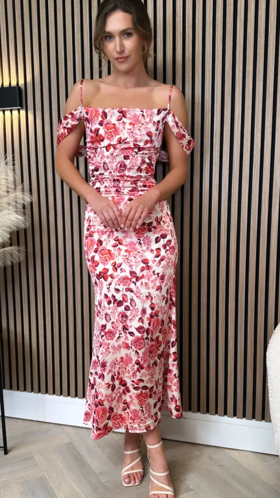 GIRL IN MIND Going Out Dresses | Occasion Dresses^Shirley Red Printed Ruched Cami Strap Midi Dress