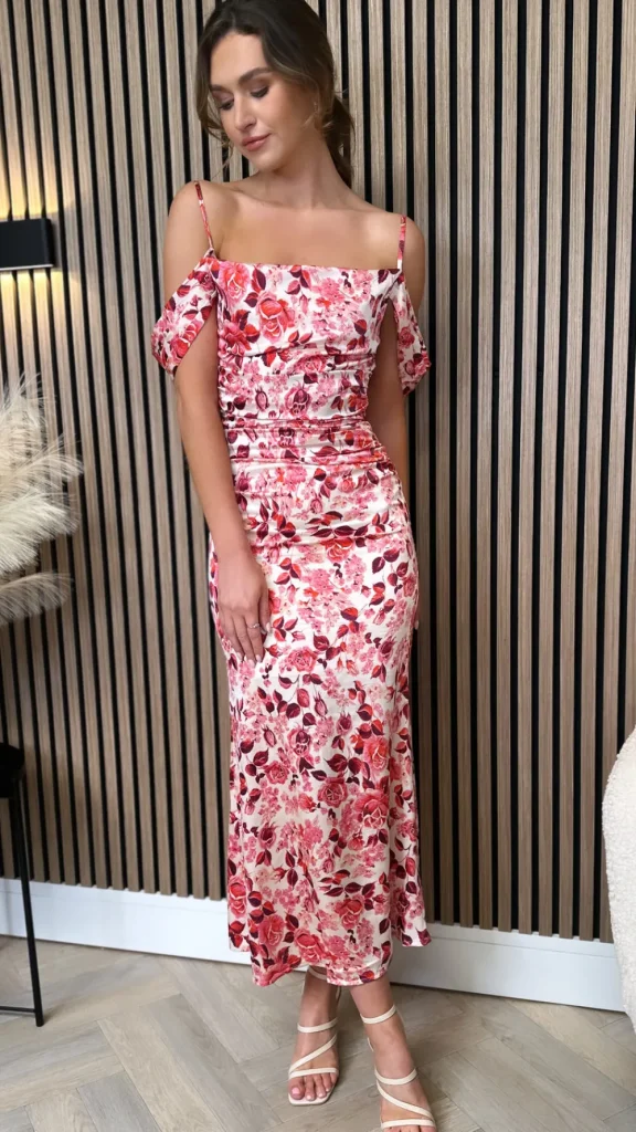 GIRL IN MIND Going Out Dresses | Occasion Dresses^Shirley Red Printed Ruched Cami Strap Midi Dress