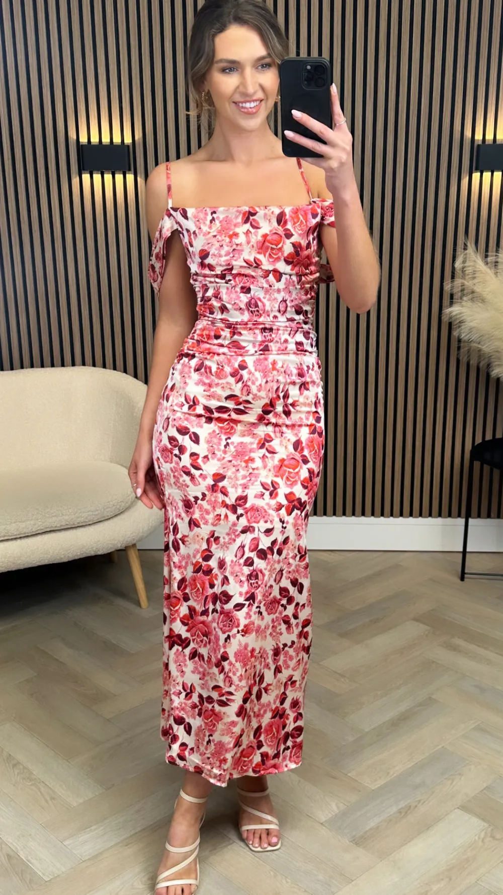 shirley_red_printed_ruche_4.webp GIRL IN MIND Going Out Dresses | Occasion Dresses^Shirley Red Printed Ruched Cami Strap Midi Dress