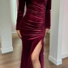 COPPEROSE Going Out Dresses | Occasion Dresses^Sibyl Burgundy High Neck Velvet Ruched Tie Detail Midi Dress