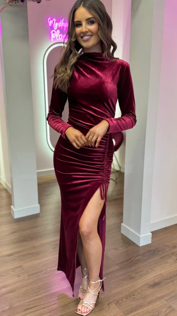 COPPEROSE Going Out Dresses | Occasion Dresses^Sibyl Burgundy High Neck Velvet Ruched Tie Detail Midi Dress