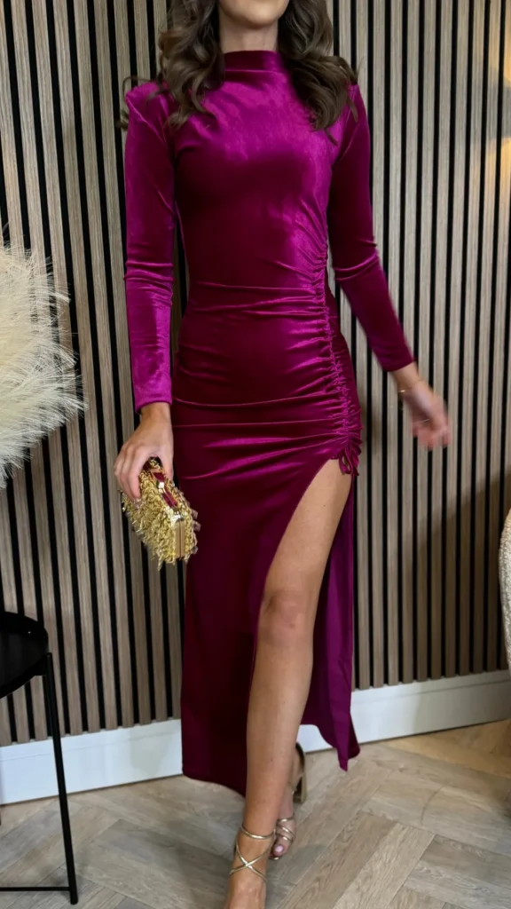 COPPEROSE Going Out Dresses | Occasion Dresses^Sibyl Fuchsia High Neck Velvet Ruched Tie Detail Midi Dress