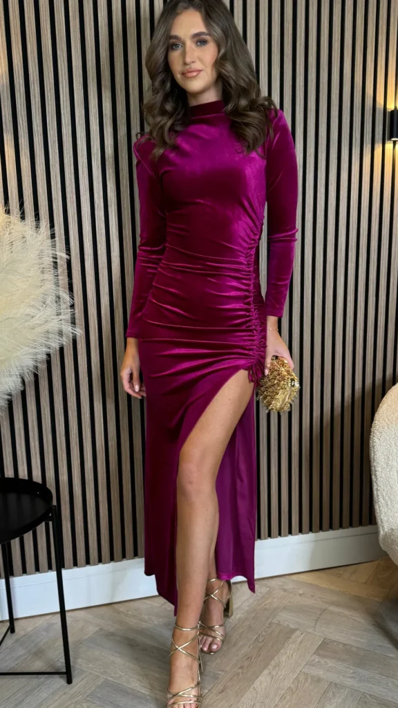 COPPEROSE Going Out Dresses | Occasion Dresses^Sibyl Fuchsia High Neck Velvet Ruched Tie Detail Midi Dress