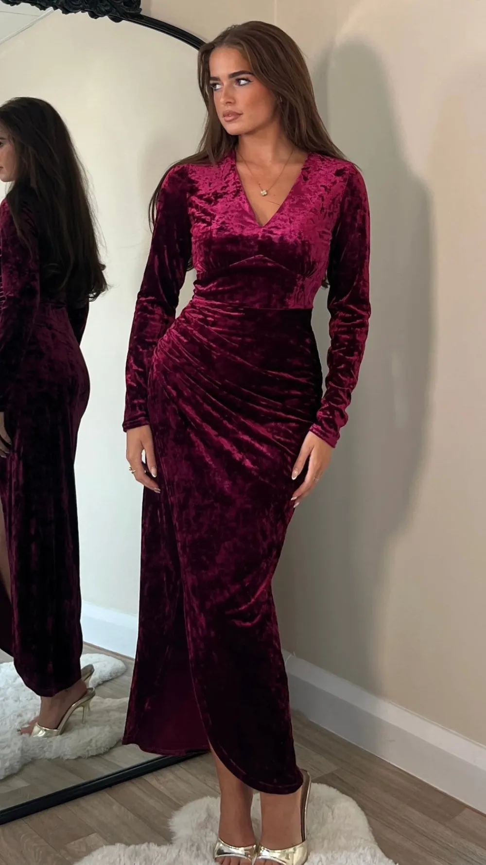 sigourney_burgundy_velvet_0.webp GIRL IN MIND Fitted Dresses | Going Out Dresses^Sigourney Burgundy Velvet Asymmetric Wrap Midi Dress