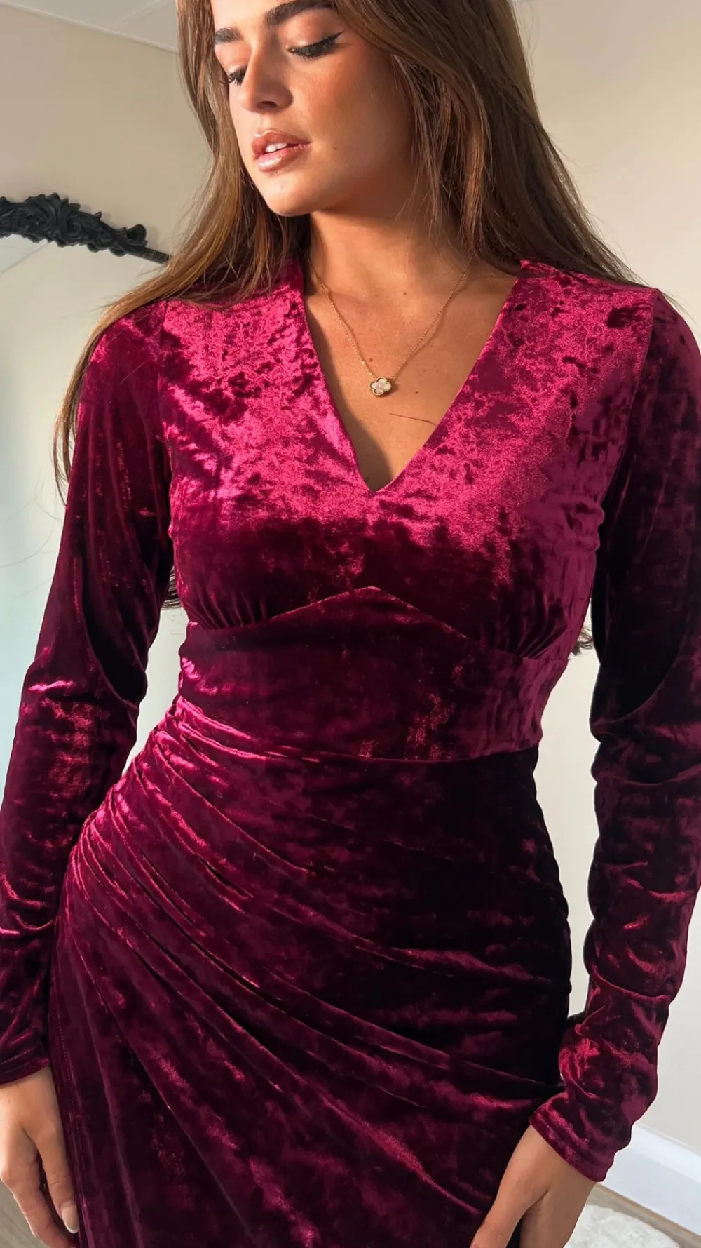 sigourney_burgundy_velvet_1.webp GIRL IN MIND Fitted Dresses | Going Out Dresses^Sigourney Burgundy Velvet Asymmetric Wrap Midi Dress