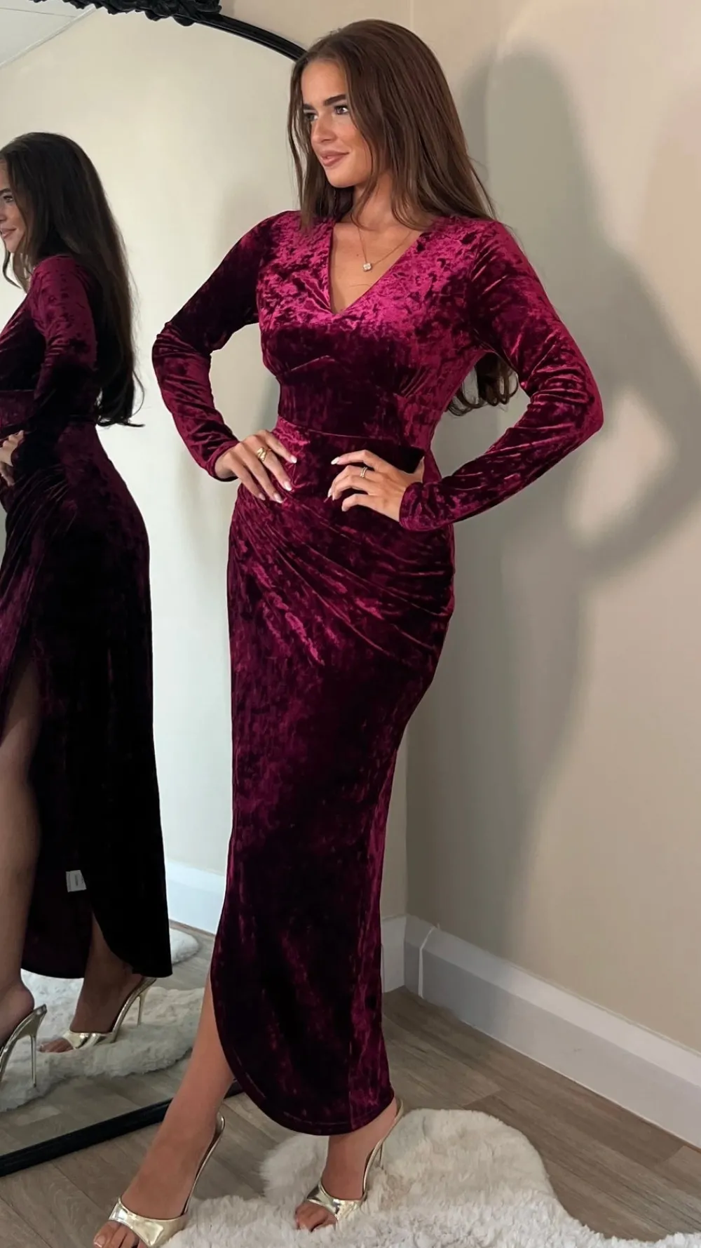 sigourney_burgundy_velvet_2.webp GIRL IN MIND Fitted Dresses | Going Out Dresses^Sigourney Burgundy Velvet Asymmetric Wrap Midi Dress